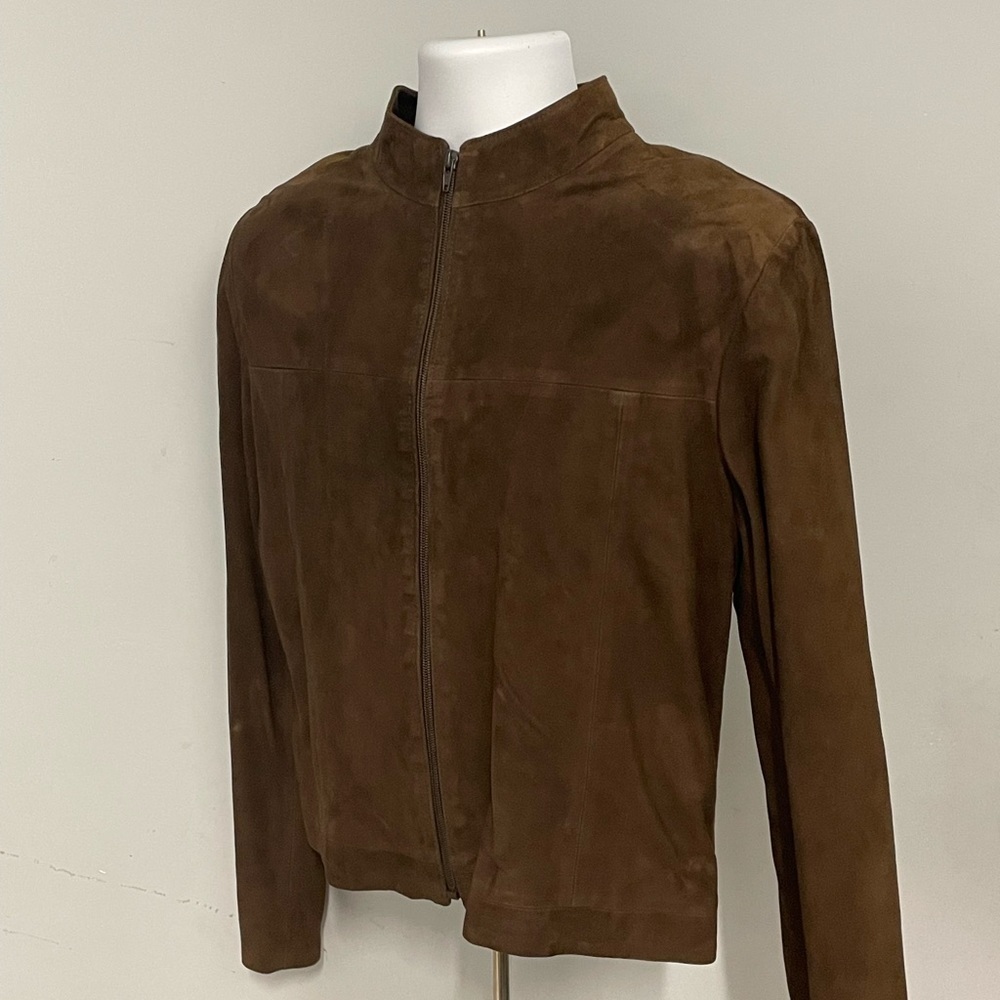 Women suede jacket brown zipper front modern fit - Picture 2 of 4